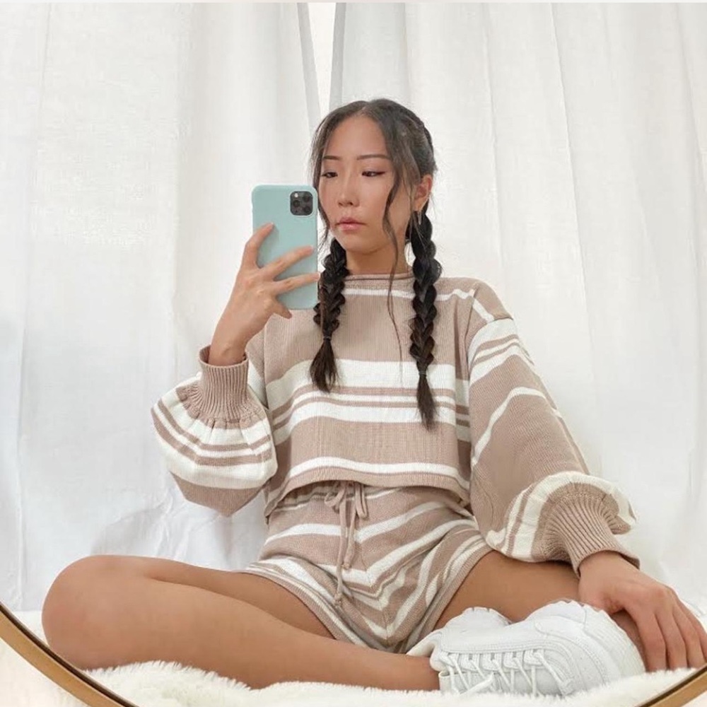 Striped Beige and White Knit Sweater Set